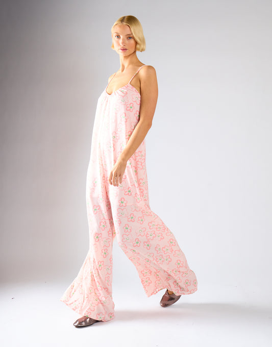 Pink Painted-Daisy Loose-Fit Lace-Up Jumpsuit