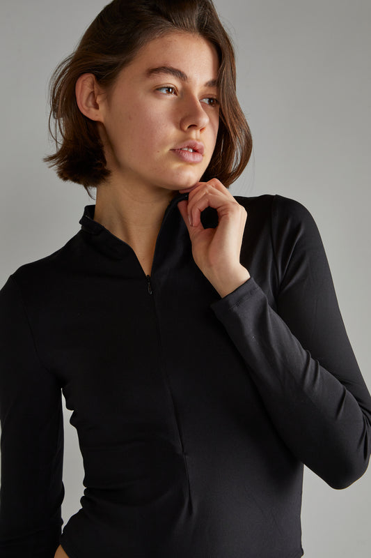 Black Long-Sleeve Zip-Up Bodysuit