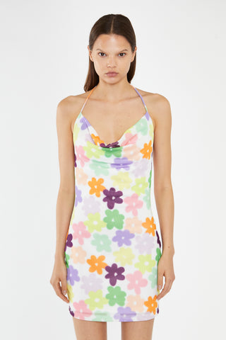 Multi-Flower Mesh Cowl Halterneck Mini-Dress