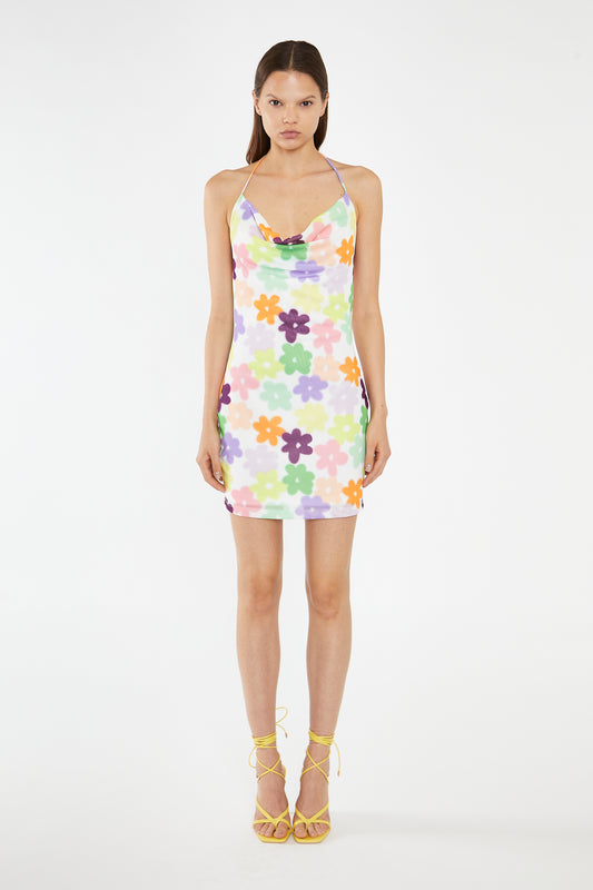 Multi-Flower Mesh Cowl Halterneck Mini-Dress