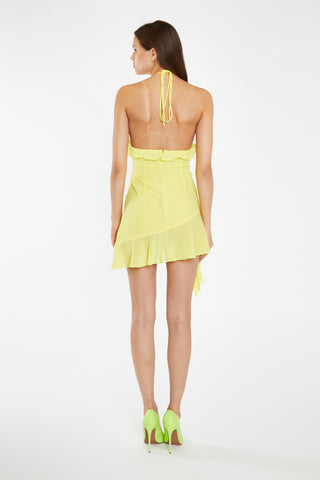 Neon-Yellow Ruffle Halterneck Mini-Dress