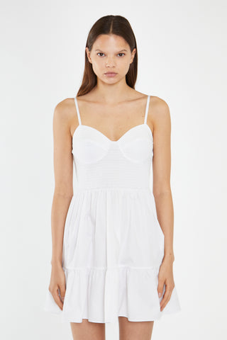White Tiered Smocked-Bodice Mini-Dress