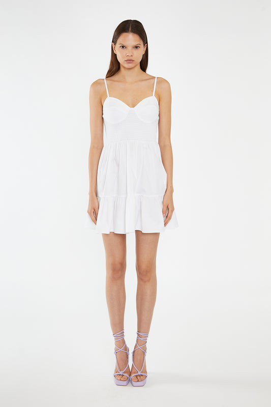 White Tiered Smocked-Bodice Mini-Dress
