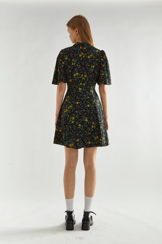 Black-Yellow Mini Floral High-Neck Mini Tea-Dress