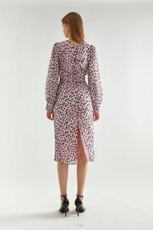Lilac-Dalmatian Ruched-Front Midi-Dress