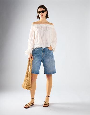 White-Check Swing Bardot-Top