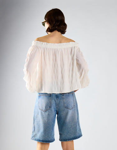 White-Check Swing Bardot-Top