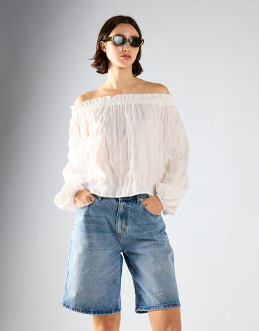 White-Check Swing Bardot-Top