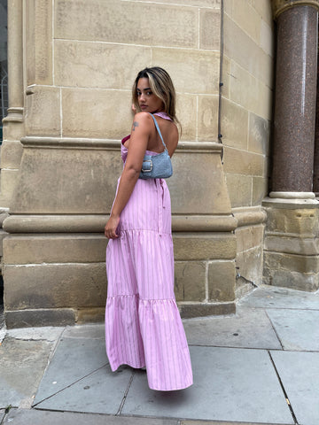 Pink Vertical-Stripe Tiered Maxi-Skirt