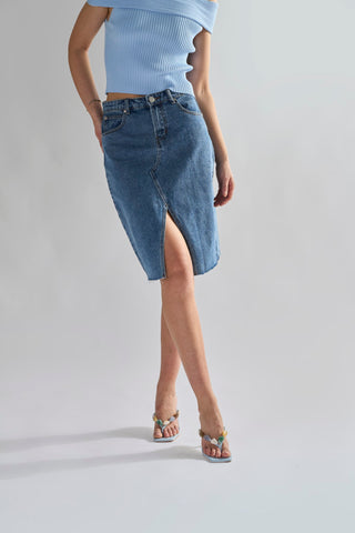 Mid Stone Split High Waisted Midi Skirt