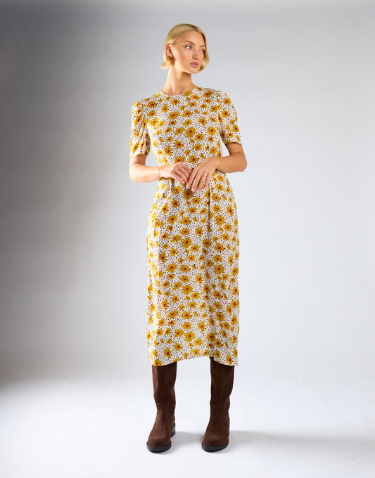 Yellow-Floral-Black-Dot Short-Sleeve Midi-Dress