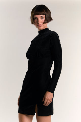 Black Velvet-Rib High-Neck Mini-Dress
