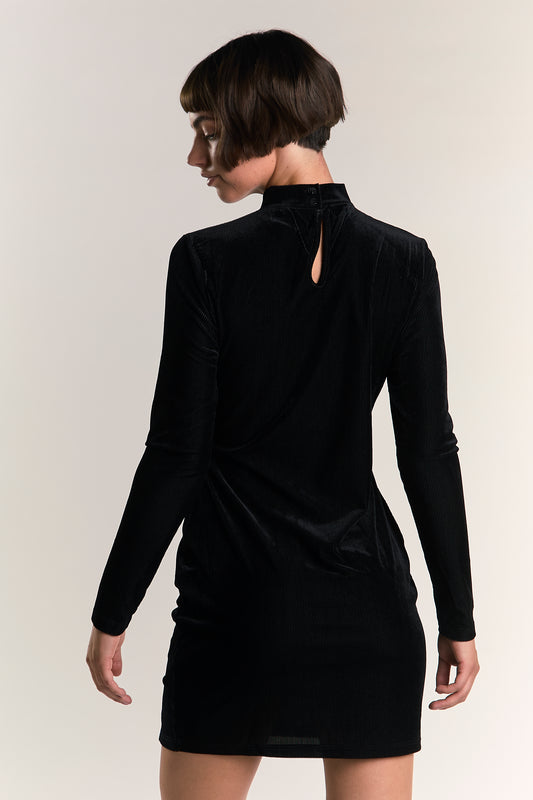 Black Velvet-Rib High-Neck Mini-Dress