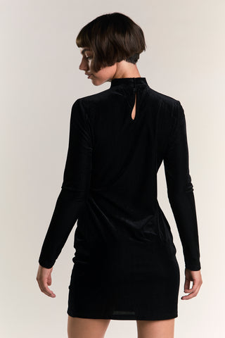 Black Velvet-Rib High-Neck Mini-Dress