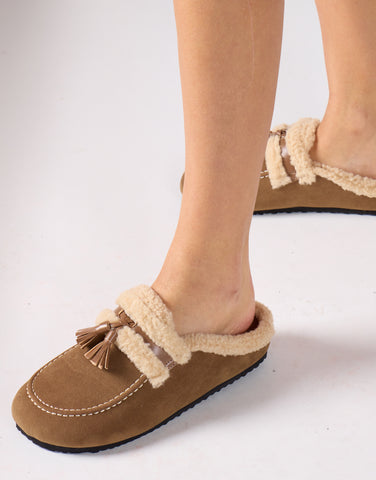 Fluffy Slip On Slippers - Taupe