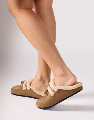Fluffy Slip On Slippers - Taupe
