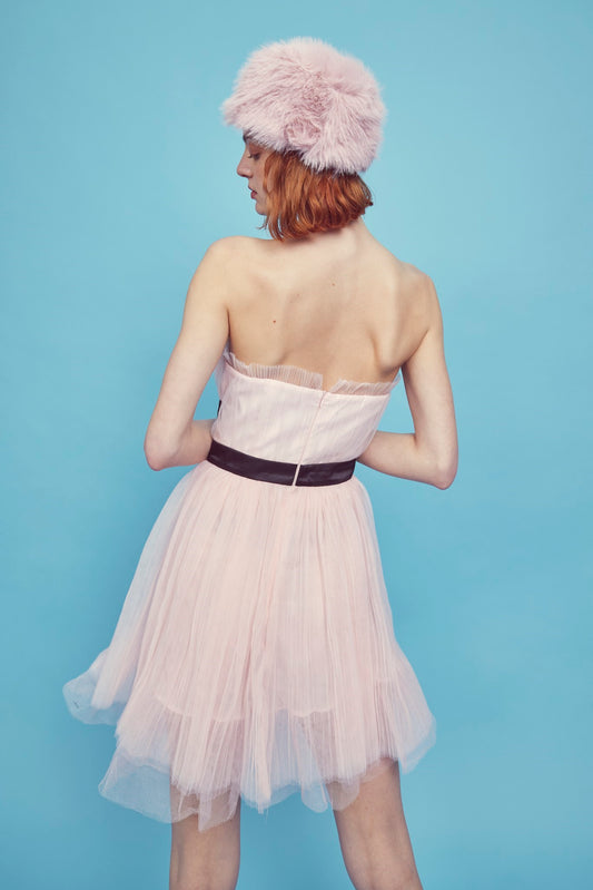 Light-Pink V- Neck Puff Ball Strapless Mini Dress