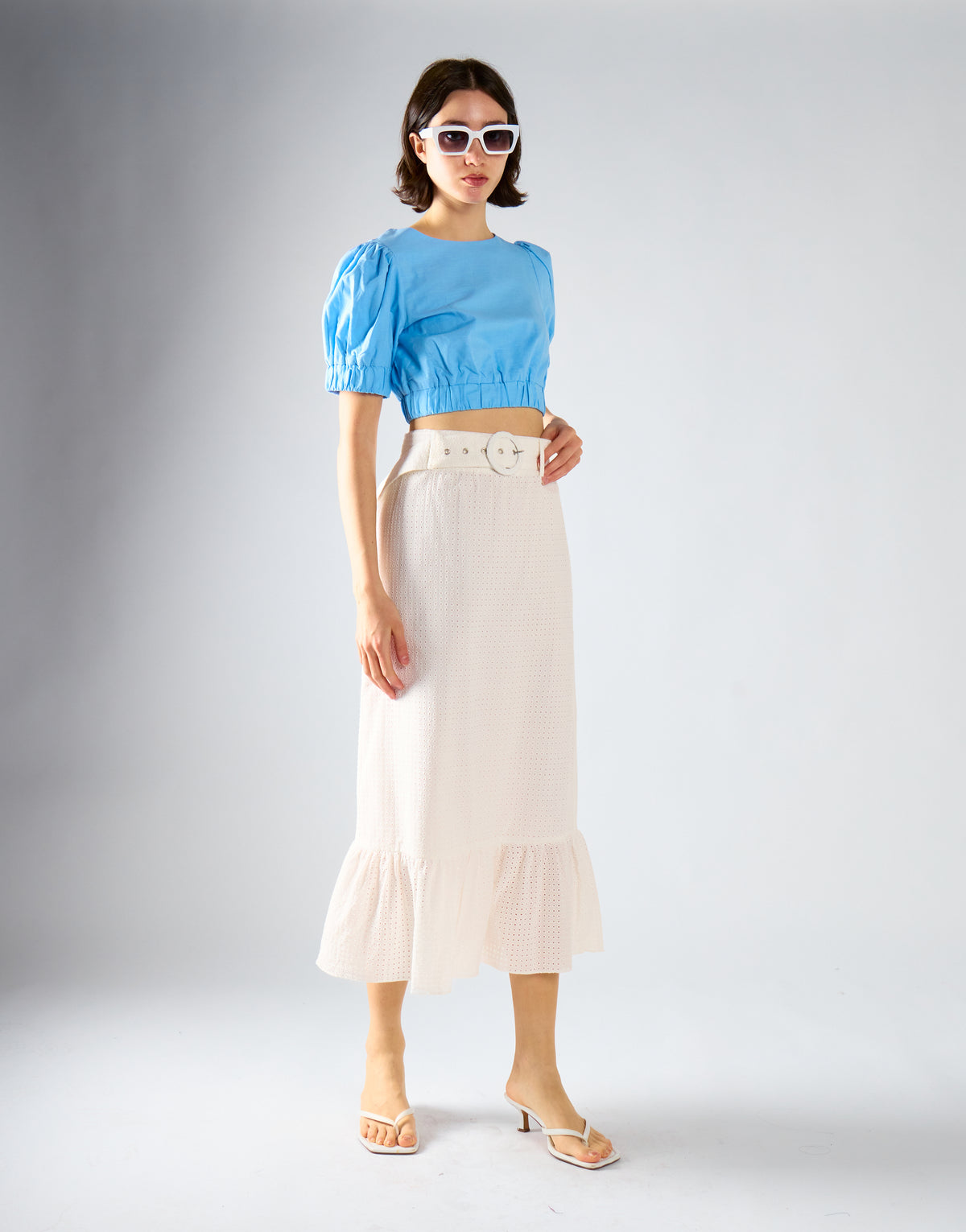 White Belted Midi-Skirt