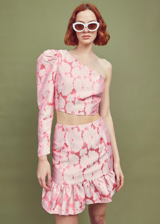 Joanna Co-ord Asymmetric Puff Sleeve Crop Top -Neon-Pink Jacquard