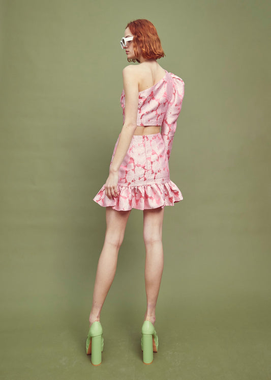 Joanna Co-ord Asymmetric Puff Sleeve Crop Top -Neon-Pink Jacquard
