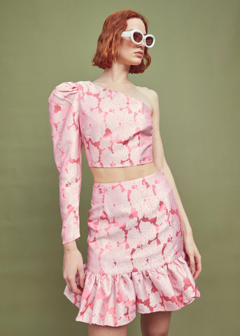 Joanna Co-ord Asymmetric Puff Sleeve Crop Top -Neon-Pink Jacquard