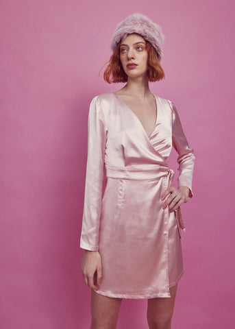 Sarah Wrap Mini Dress -Pale-Pink Satin