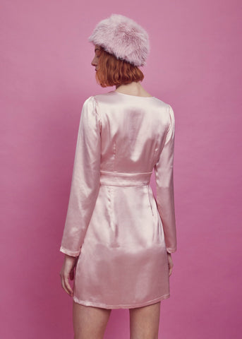 Sarah Wrap Mini Dress -Pale-Pink Satin