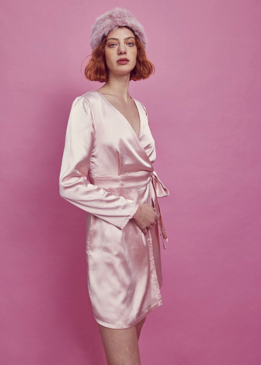 Sarah Wrap Mini Dress -Pale-Pink Satin