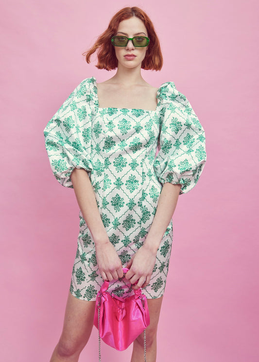 White-Green Damask Puff Sleeve Mini Dress