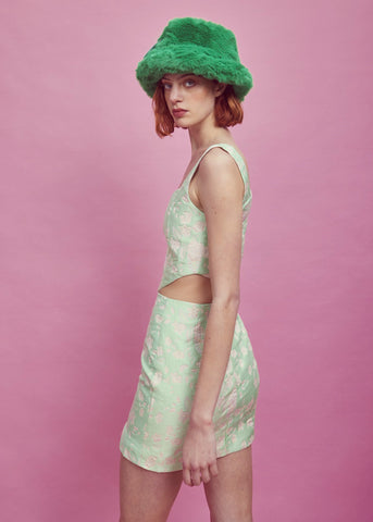 Green-Pink Brocade Side Split Mini Skirt