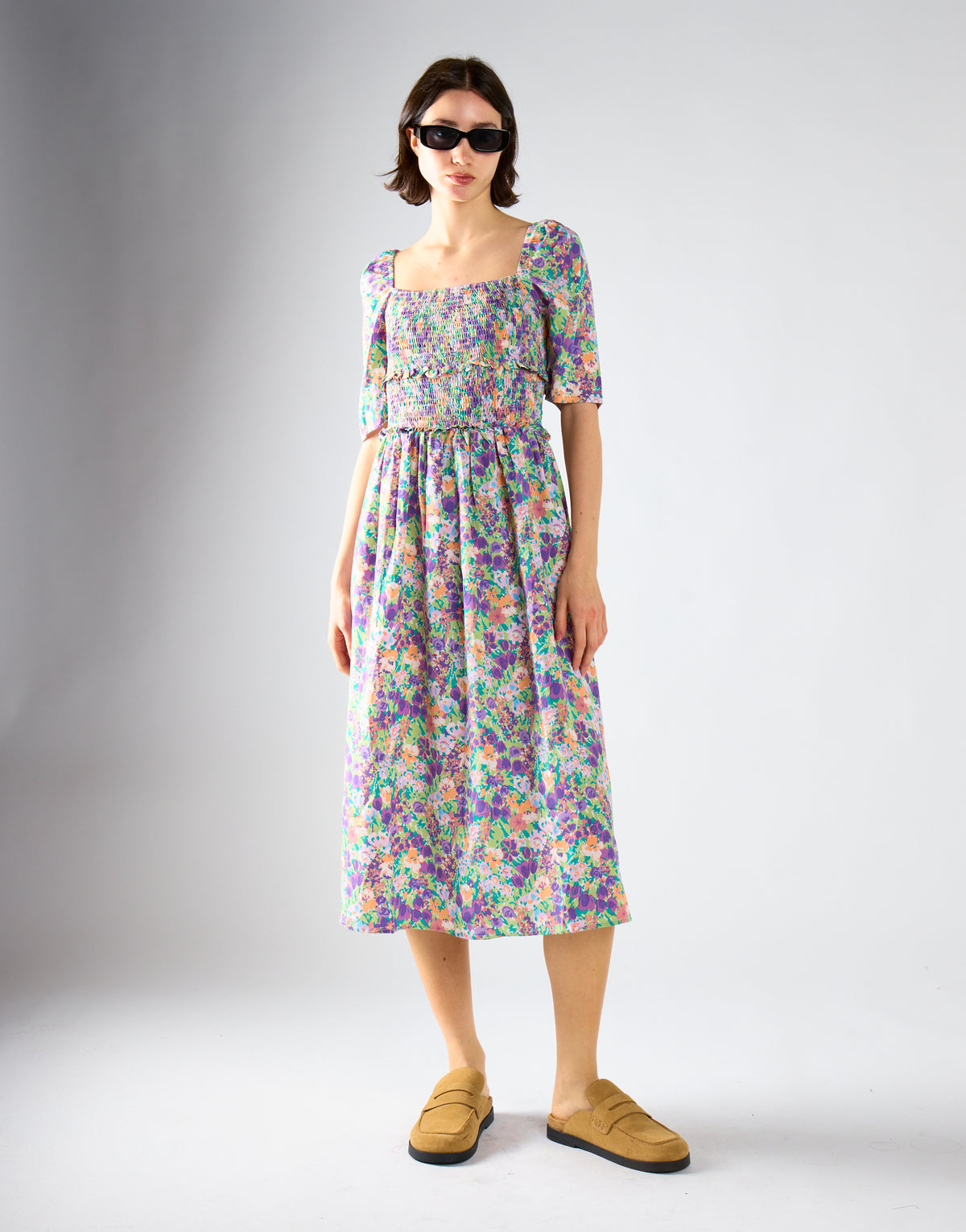 Glamorous Lilac Garden Floral Square Neck Short Sleeve Midi Dress