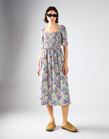 Glamorous Lilac Garden Floral Square Neck Short Sleeve Midi Dress