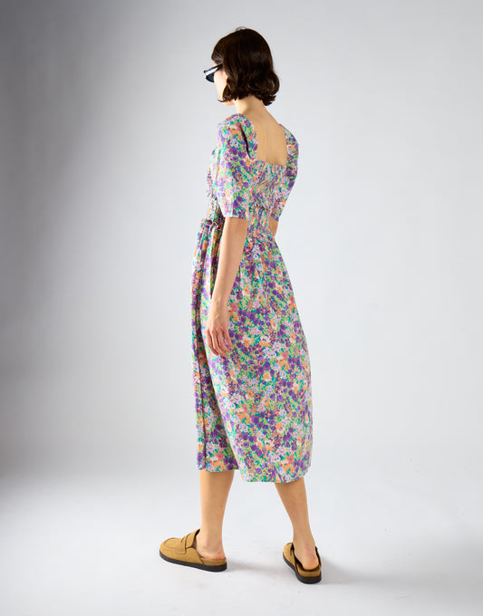 Glamorous Lilac Garden Floral Square Neck Short Sleeve Midi Dress