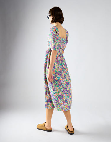 Glamorous Lilac Garden Floral Square Neck Short Sleeve Midi Dress
