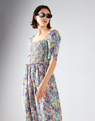 Glamorous Lilac Garden Floral Square Neck Short Sleeve Midi Dress