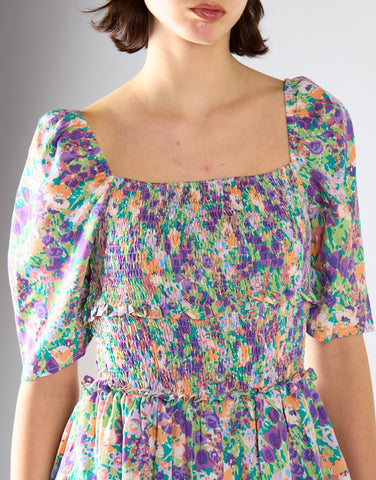 Glamorous Lilac Garden Floral Square Neck Short Sleeve Midi Dress