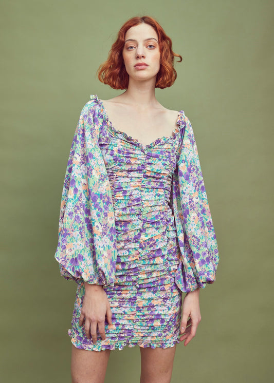 Lilac Garden-Floral Long Sleeve Mini Dress