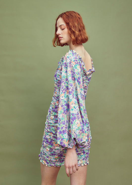 Lilac Garden-Floral Long Sleeve Mini Dress