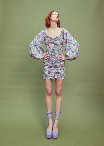 Lilac Garden-Floral Long Sleeve Mini Dress