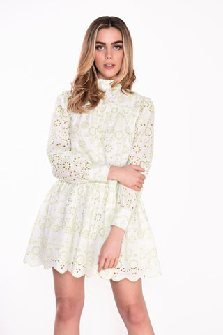 Glamorous White Green Broderie Crochet Mini Dress