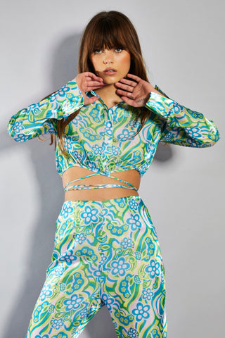 Glamorous Collection Metallic Swirl Floral Long Sleeve Cropped Sleeve with Waist Tie Detail