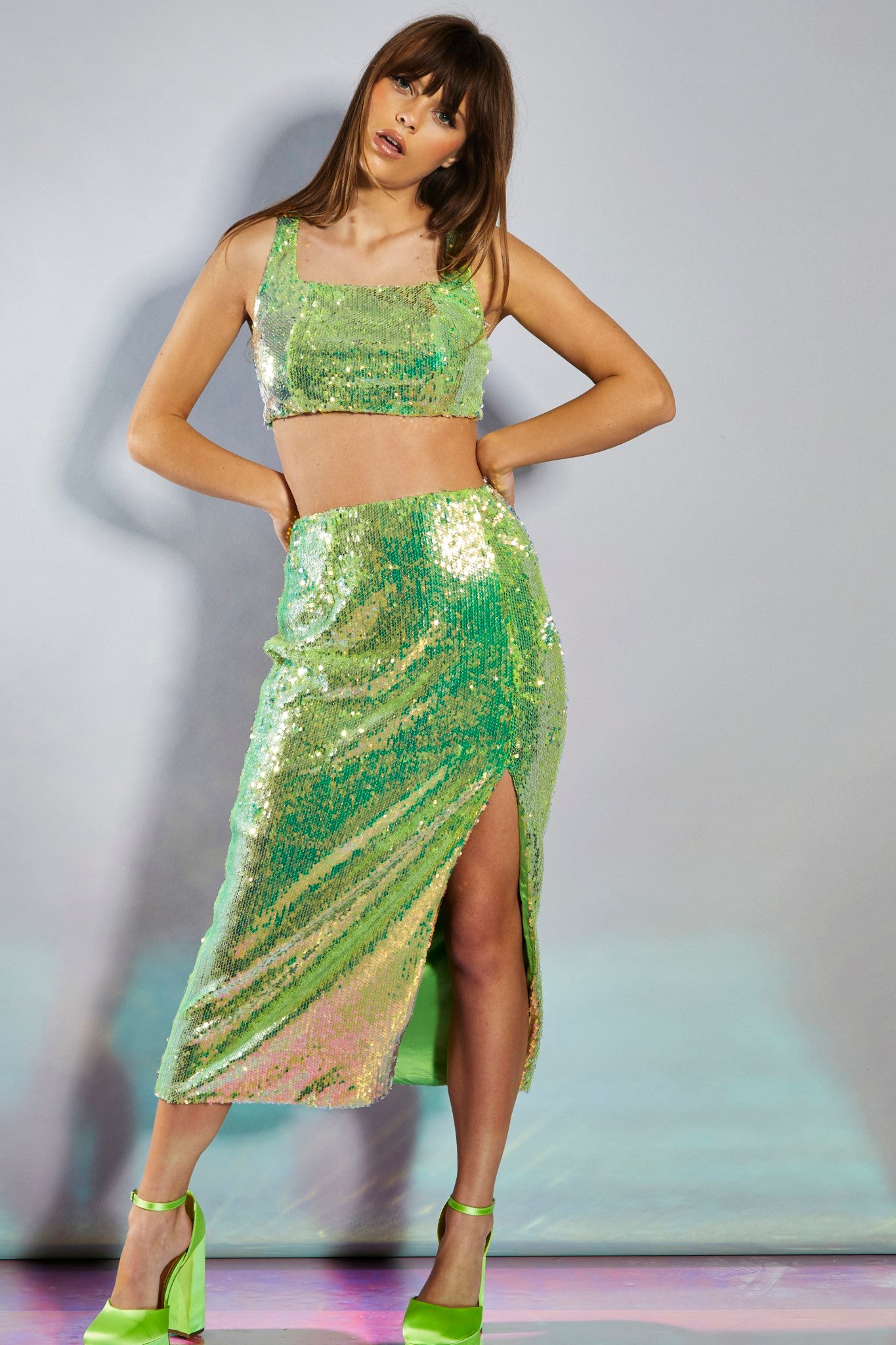 Glamorous Collection Iridescent Line Sequin Square Neck Crop Top
