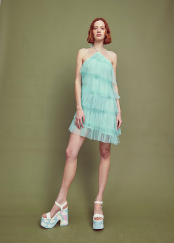 Turquoise Pleated Tulle Halterneck Mini-dress