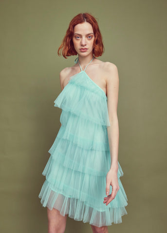 Turquoise Pleated Tulle Halterneck Mini-dress