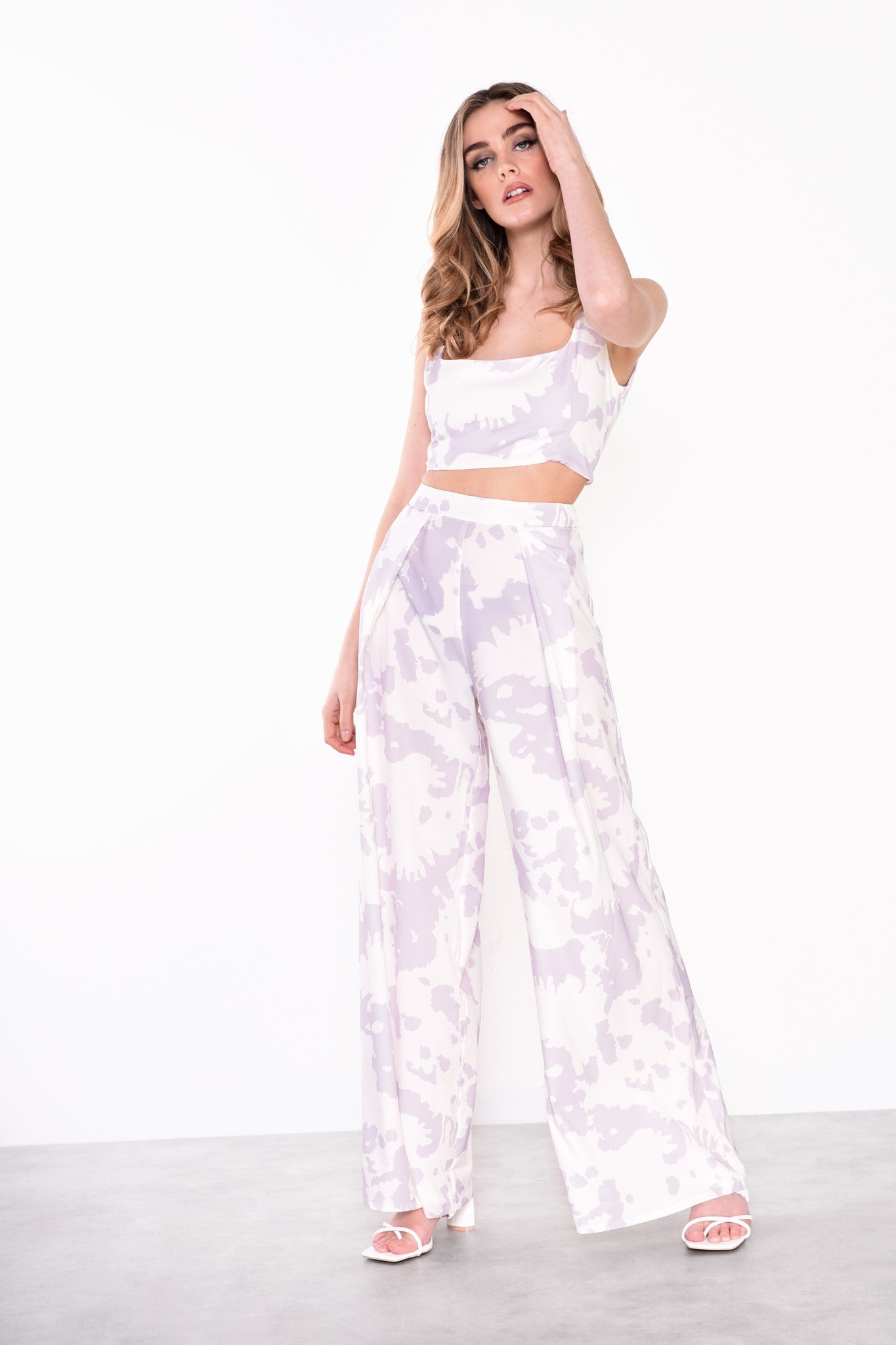 Glamorous Misty Lilac Abstract High Waisted Wide Leg Trousers