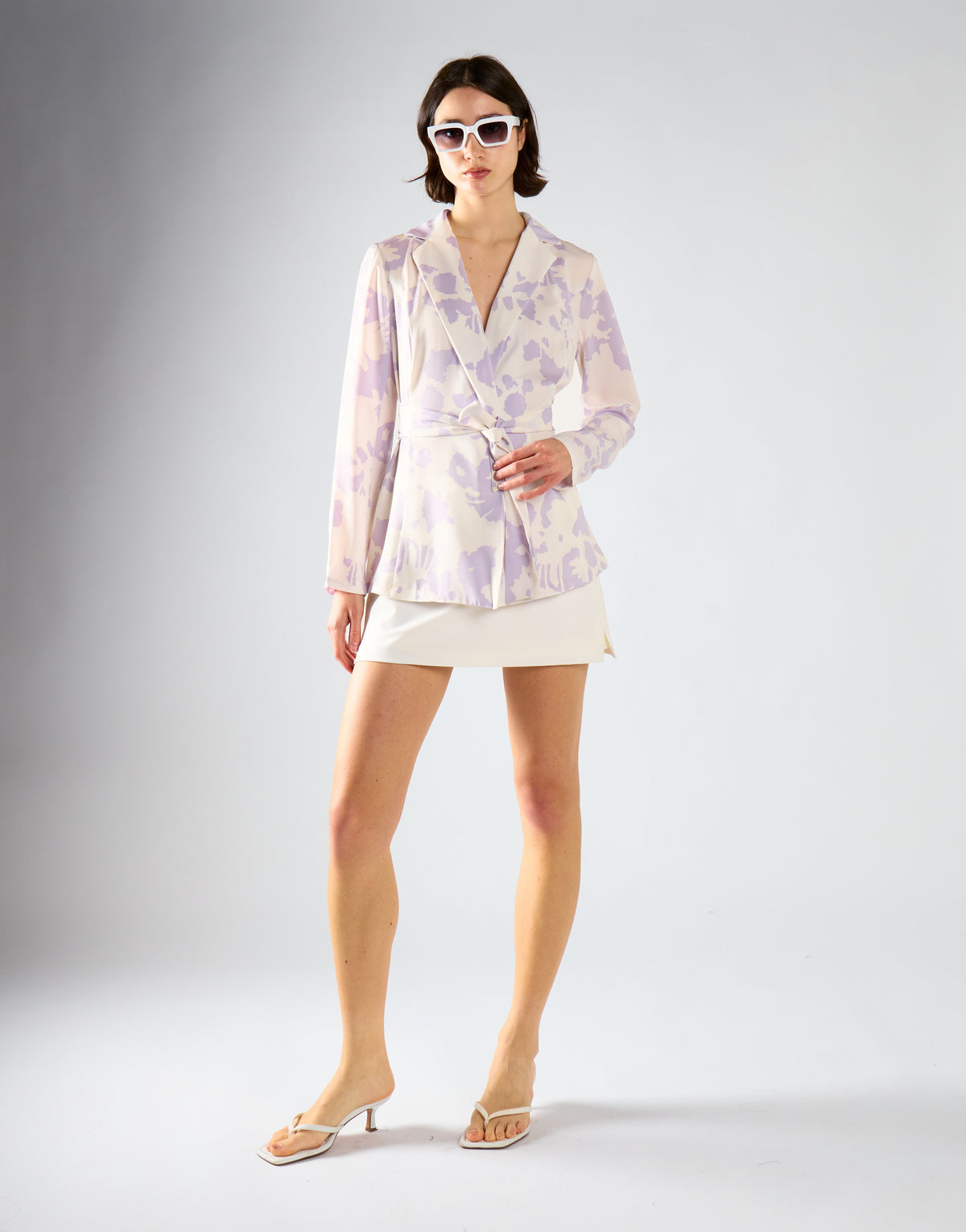 Glamorous Misty Lilac Abstract Tie Waist Blazer Jacket