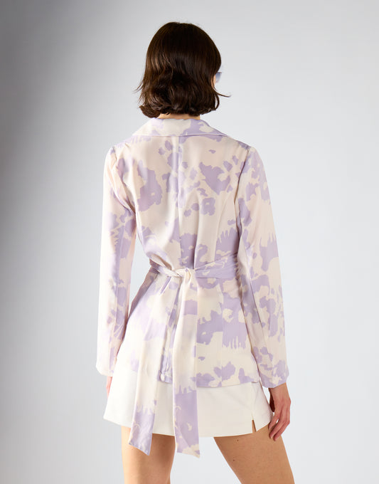 Glamorous Misty Lilac Abstract Tie Waist Blazer Jacket