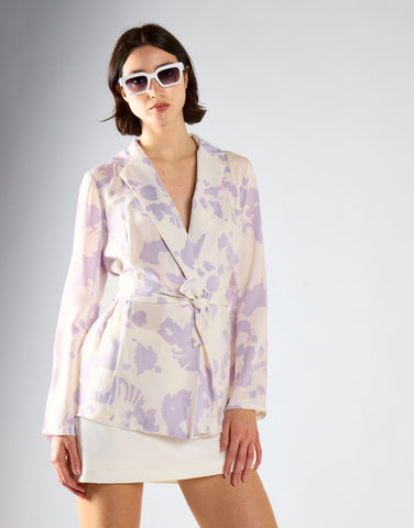 Glamorous Misty Lilac Abstract Tie Waist Blazer Jacket