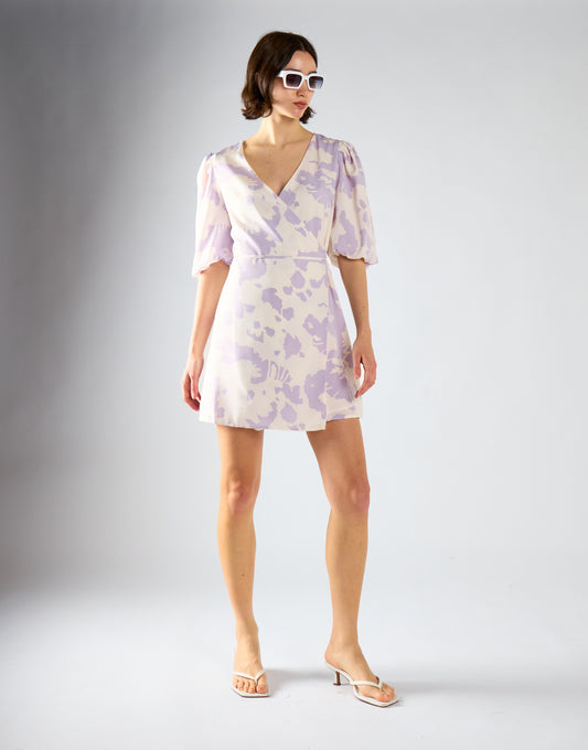 Glamorous Misty Lilac Abstract Tie Waist Dress