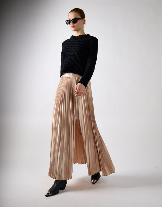 Sand Sateen High-Waist Pleated Maxi-Skirt